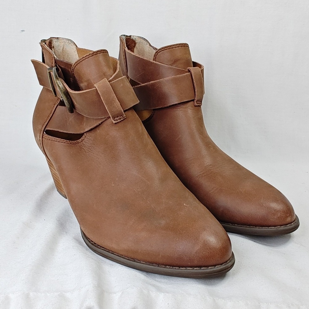 Vionic Rory Ankle Boots Tan Leather Buckle Block Heel Chelsea Orthotic 8.5